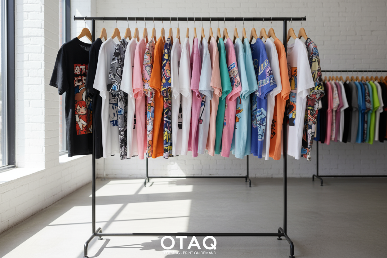 anime in print on demend tshirt all in the rack hanging 